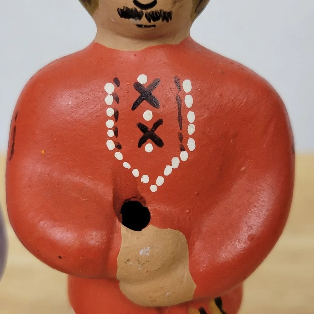 Vintage 90s Russian Pskov Clay Figurine Whistles Folk Art Hand Painted Couple